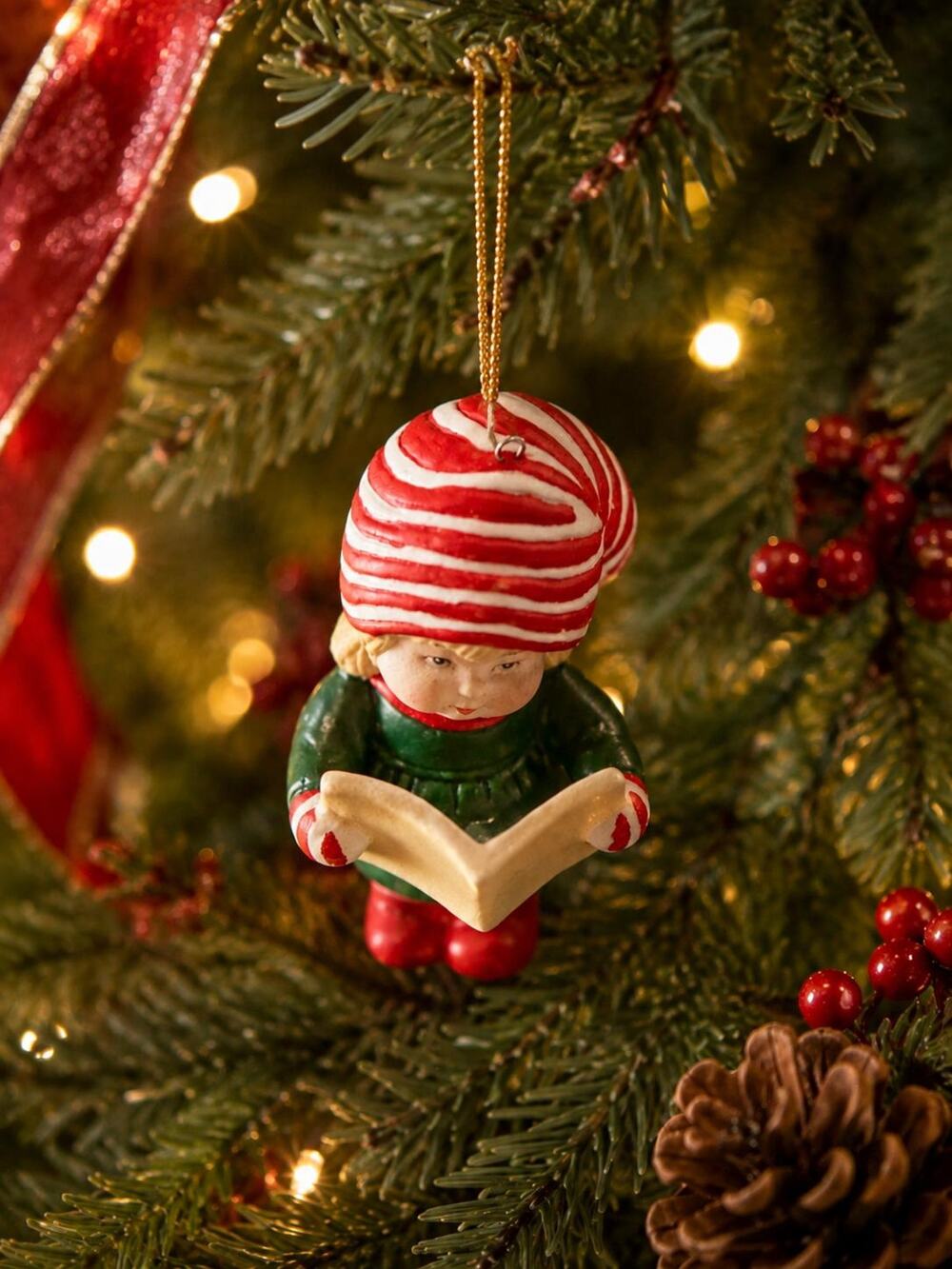 1987 Gorham Christmas Caroler Ornament, Candy Cane Hat Girl Figurine